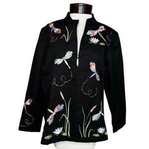 Vintage NWOT Quaker Factory Black Embroidered Dragon Fly Zip Front POCKET